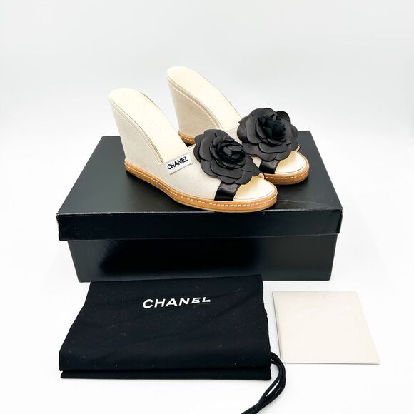 CHANEL Shoes - Chanel Camellia Wedge Sandals Slides Mules EU 37 US 6-6.5